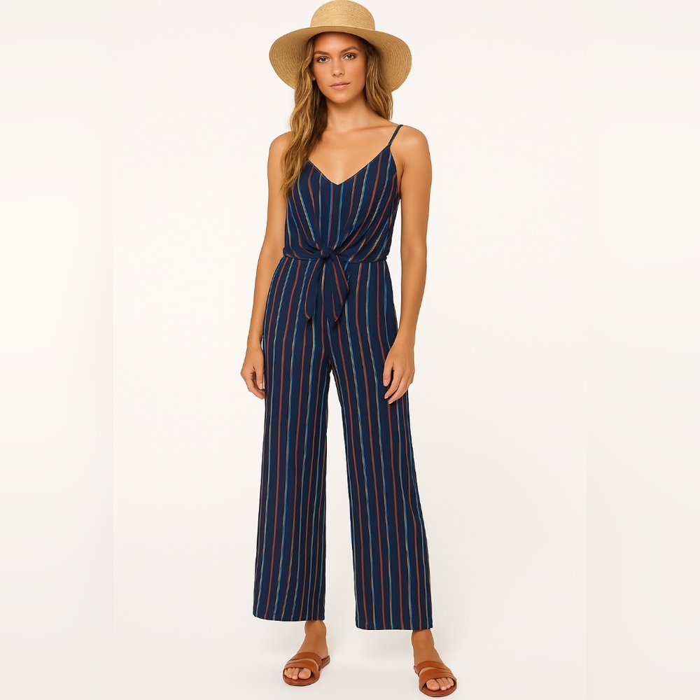 Monteau Size Medium Navy Striped Jumpsuit with Tie Waist Super Cute‼️